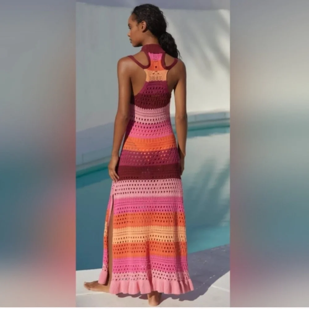 Anthropologie Rainbow Halter Mock neck crochet cover up dress - Picture 3 of 6